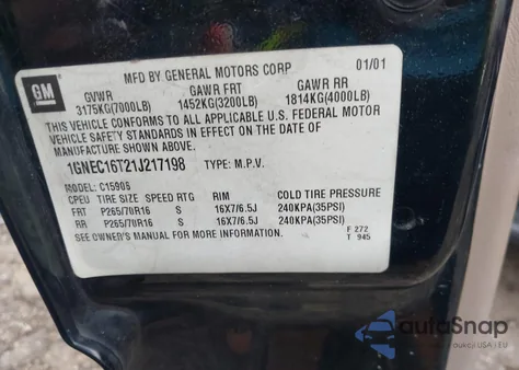 2001 Chevrolet Suburban 1500 Lt from USA, damaged, VIN 1GNEC16T21J217198